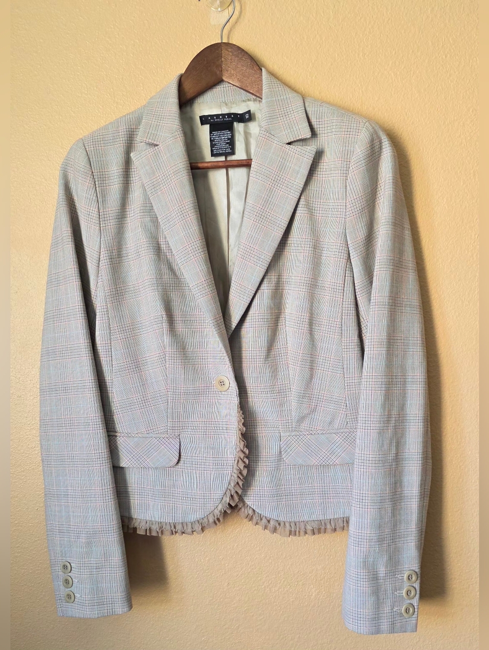 Vintage Laundry by Shelli Segal Cropped Plaid Blazer Button Ruffled Trim Size 10